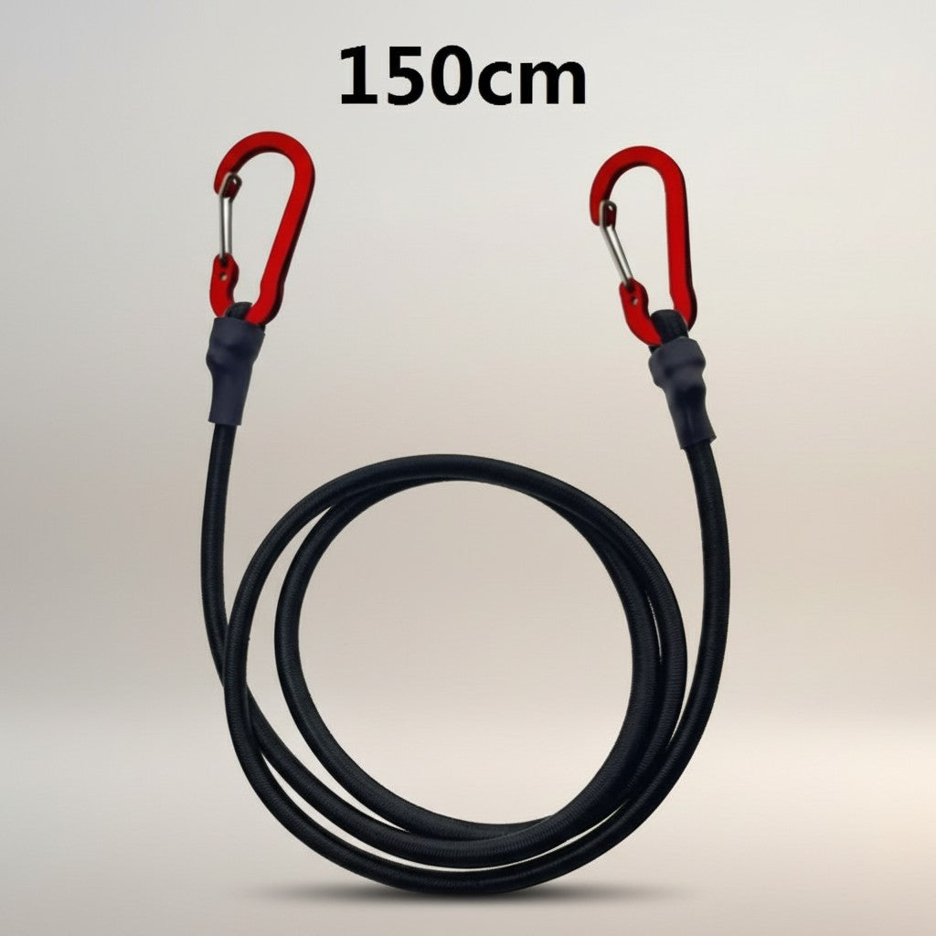 CAMPY 150cm heavy duty black bungee cord with red aluminum carabiner hooks. 8mm latex elastic strap.
