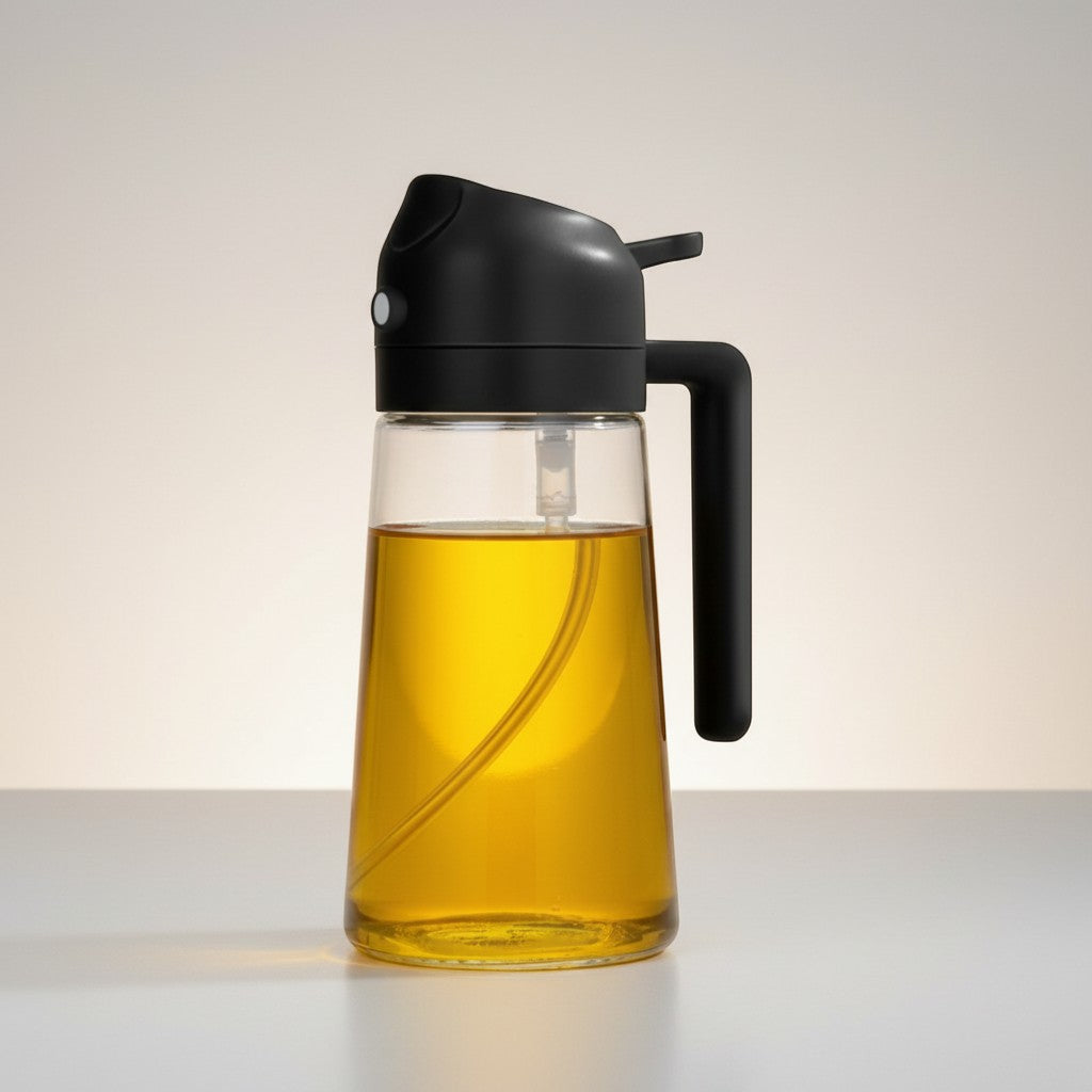 CAMPY 2-in-1 oil sprayer and pourer bottle, 500ml, clear glass with black lid and handle.