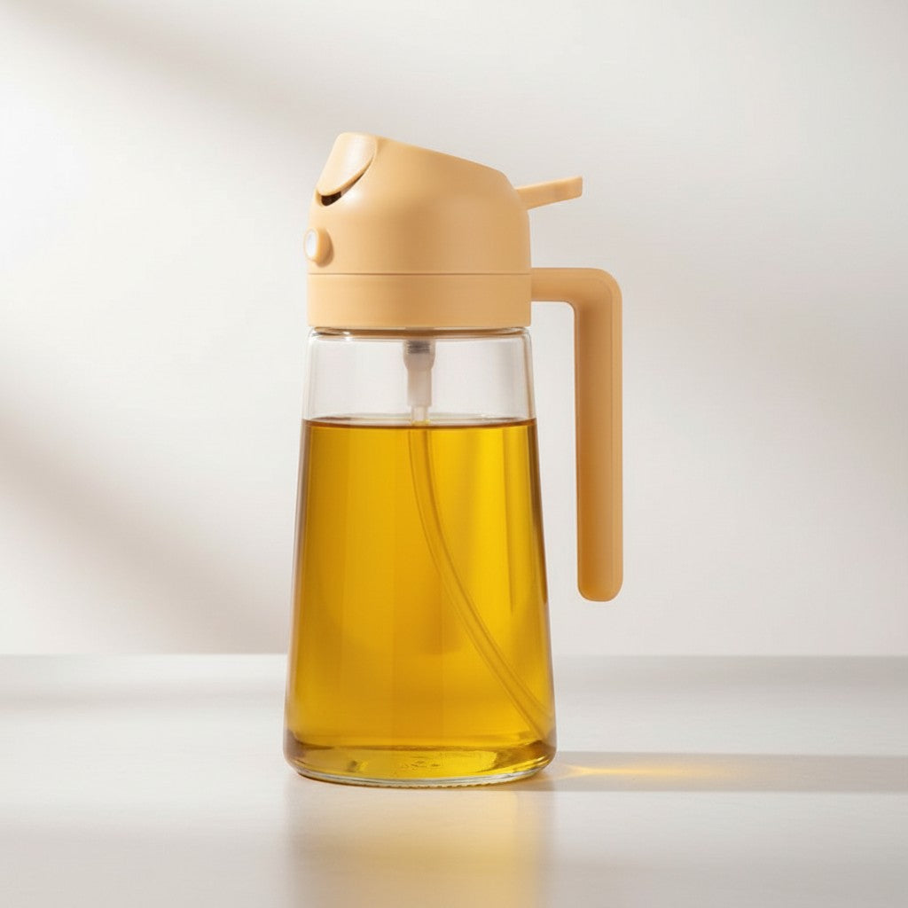 CAMPY 2-in-1 oil sprayer and pourer bottle, clear glass with yellow lid and handle, 500ml capacity.