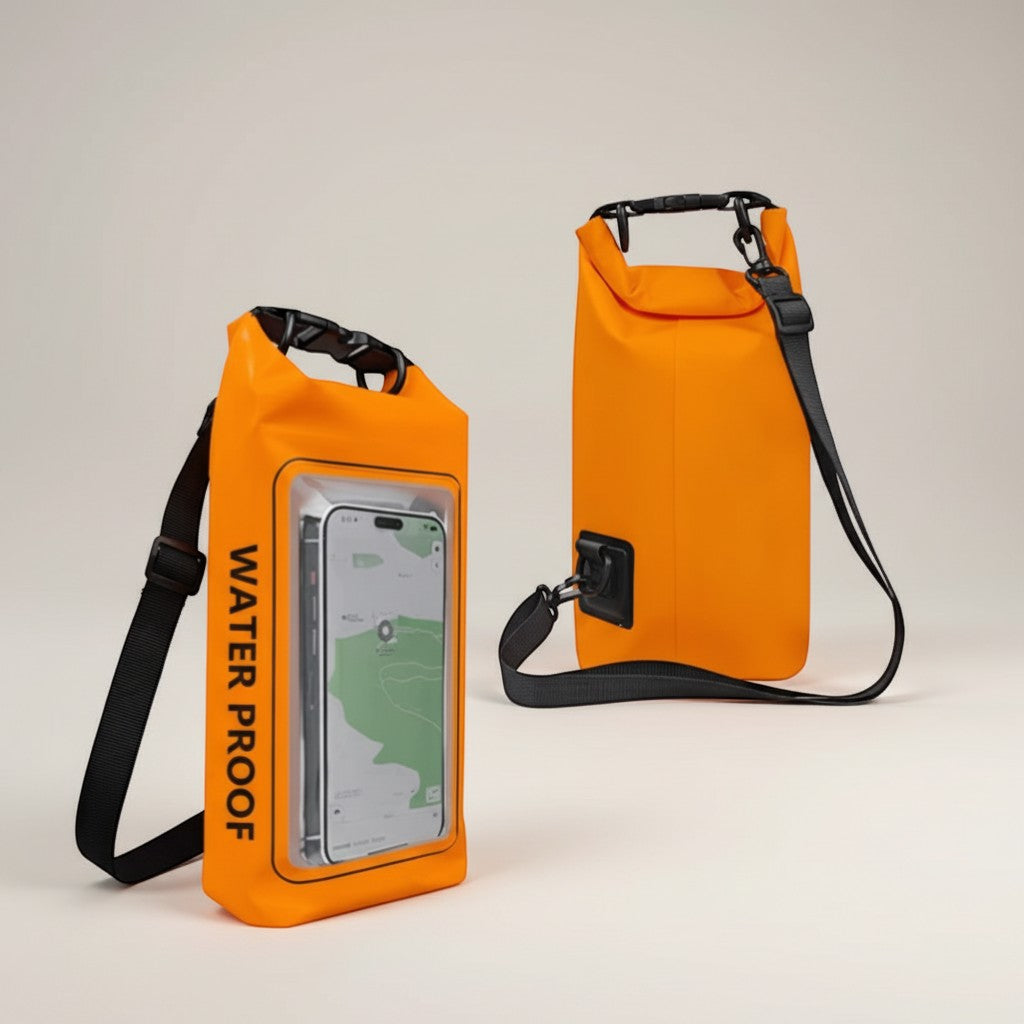 CAMPY 2L orange waterproof dry bag with clear touch screen window for phone, ideal for kayaking and camping.