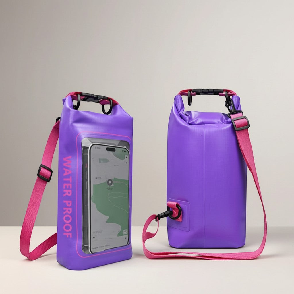 CAMPY 2L purple waterproof dry bag with pink strap and clear touch screen window for phone.