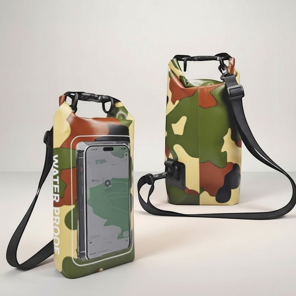 CAMPY 2L camouflage waterproof dry bag with clear touch screen window for phone, ideal for kayaking and camping.