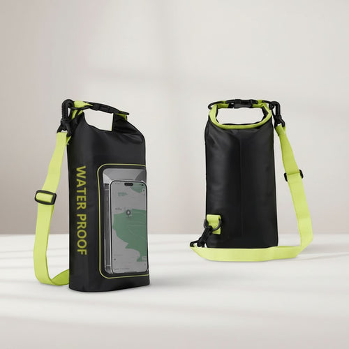CAMPY 2L black waterproof dry bag with neon yellow strap and clear touchscreen window for phone.