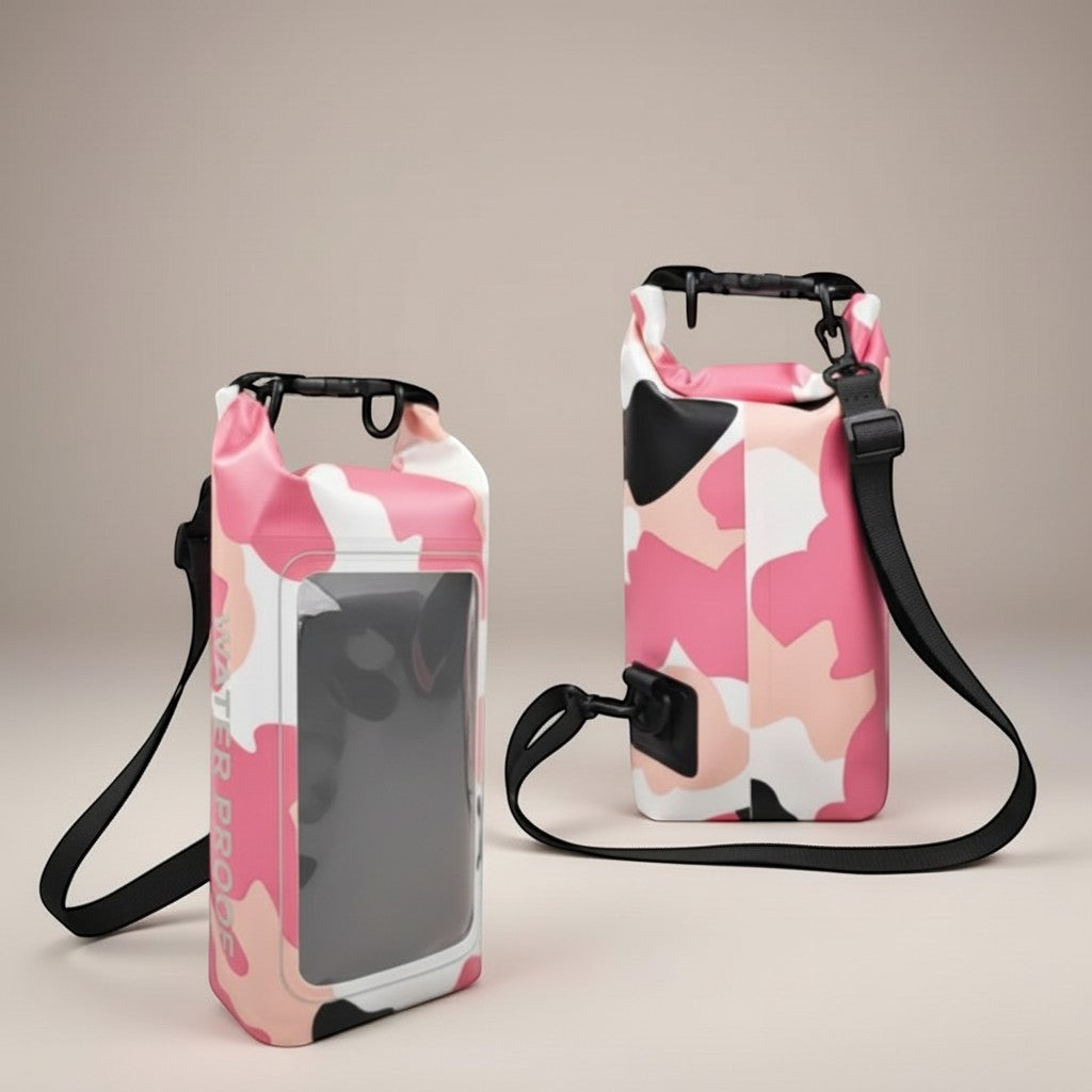 CAMPY 2L waterproof dry bag with pink camouflage pattern, clear touchscreen window, and adjustable strap.