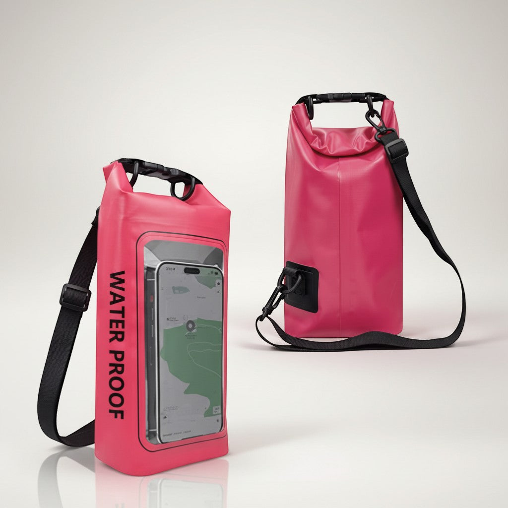 CAMPY 2L waterproof dry bag in pink with a clear touchscreen window, ideal for kayaking and camping.