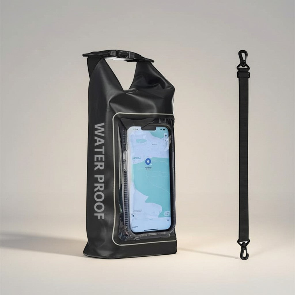 CAMPY black 2L waterproof dry bag with clear touchscreen window for phone, ideal for kayaking, camping, and beach trips.