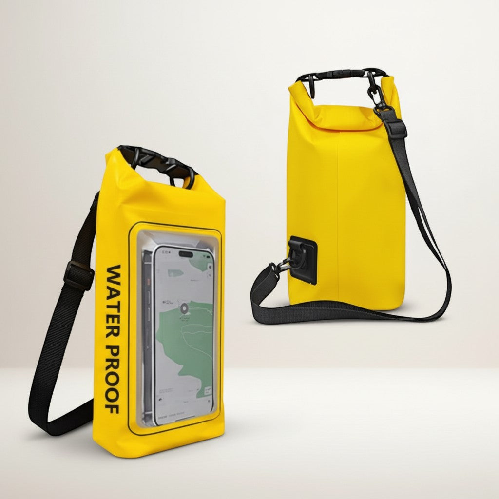 CAMPY 2L yellow waterproof dry bag with clear touchscreen window for phone, strap, and roll-top closure.