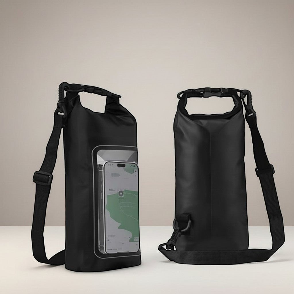 CAMPY black 2L waterproof dry bag with clear touch screen window for phone, ideal for kayaking, camping, and beach trips.