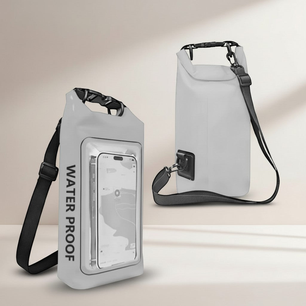 CAMPY 2L light grey waterproof dry bag with clear touchscreen window for phone, ideal for kayaking, camping, and beach trips.