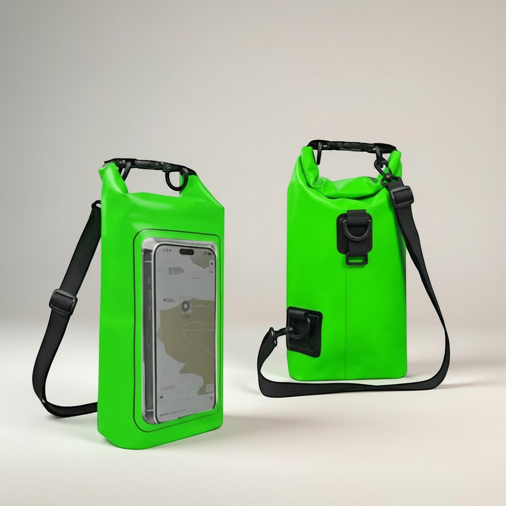 CAMPY 2L bright green waterproof dry bag with clear touch screen window for phone, ideal for kayaking and camping.