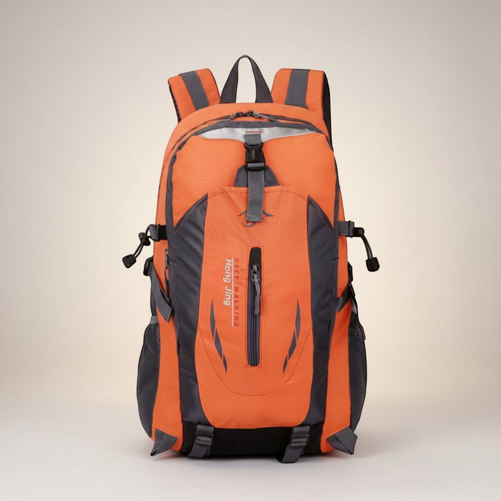 CAMPY 40L orange and grey waterproof nylon hiking backpack with adjustable straps and mesh pockets.