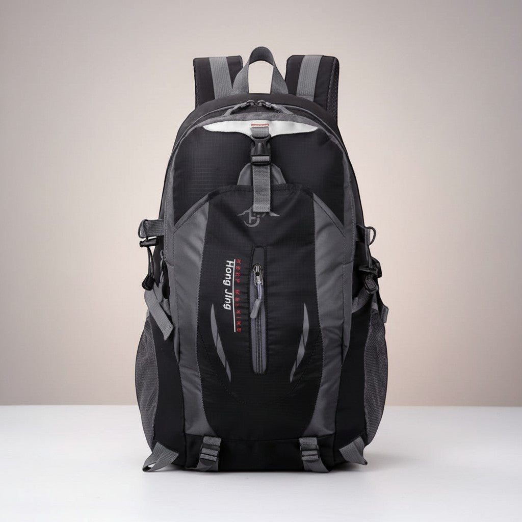 CAMPY 40L black and grey waterproof nylon hiking backpack with adjustable straps and mesh pockets.