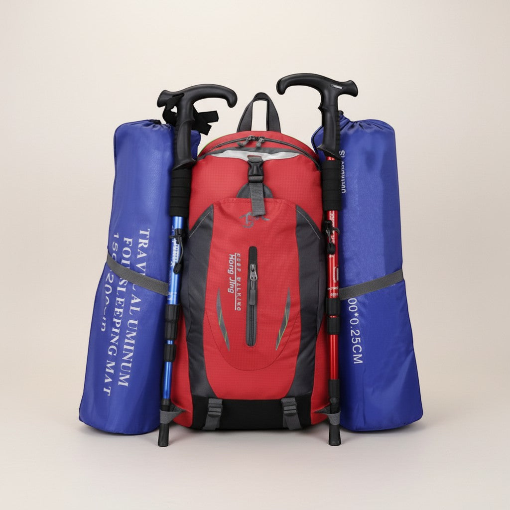 CAMPY red 40L waterproof nylon hiking backpack with adjustable straps and side pockets, includes trekking poles.