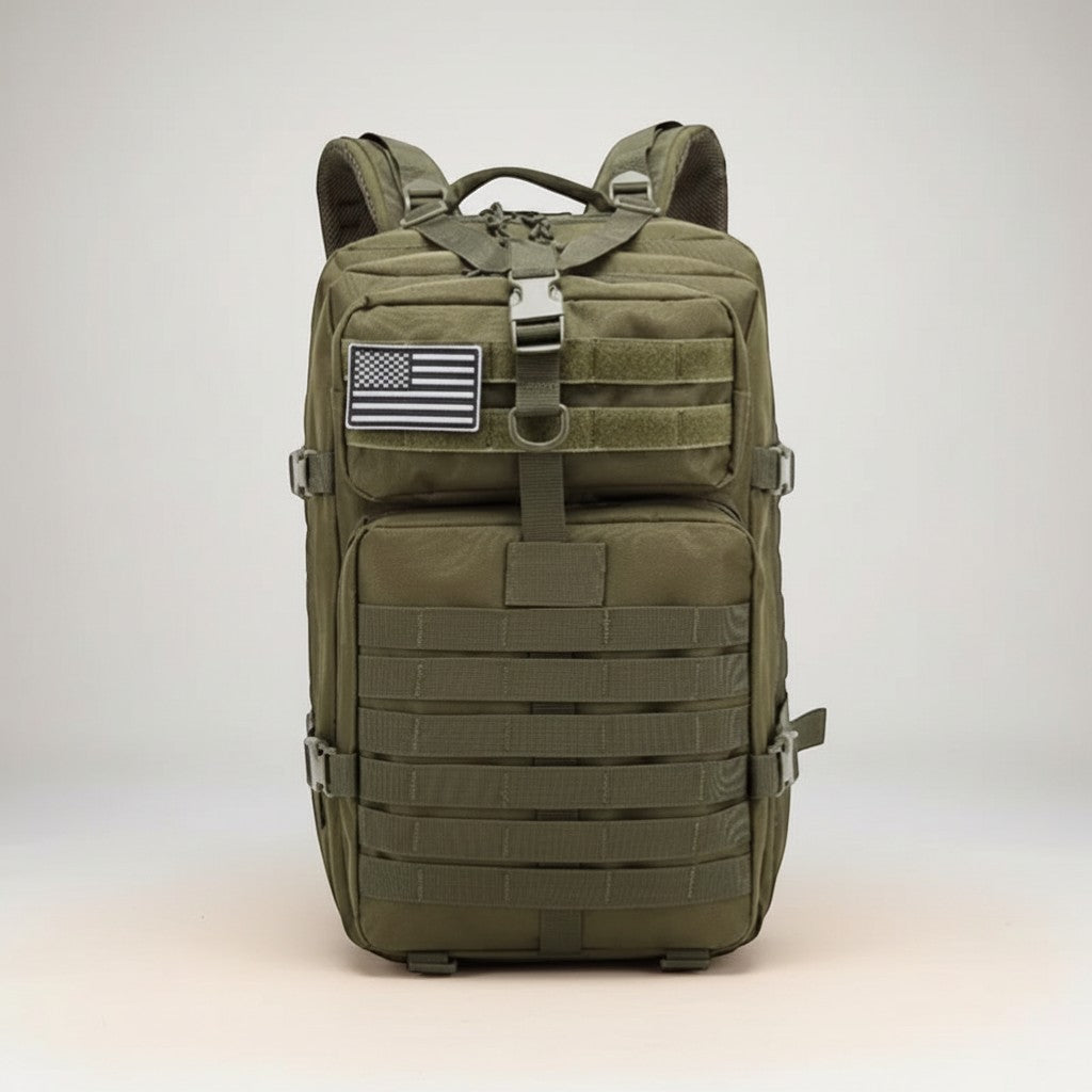 CAMPY 50L olive green tactical hiking backpack with MOLLE webbing and American flag patch. Water-resistant fabric.