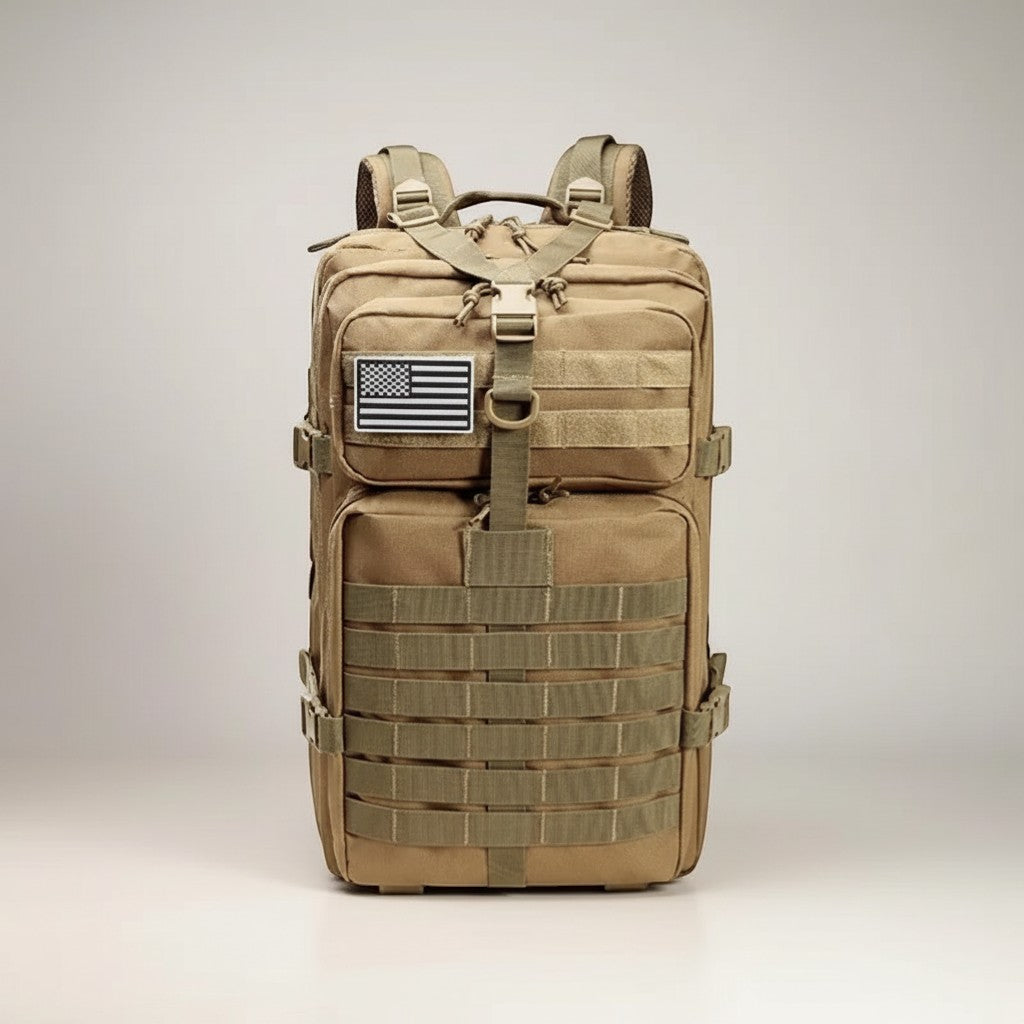 CAMPY 50L tan tactical hiking backpack with MOLLE webbing and US flag patch. Water-resistant fabric for outdoor adventures.