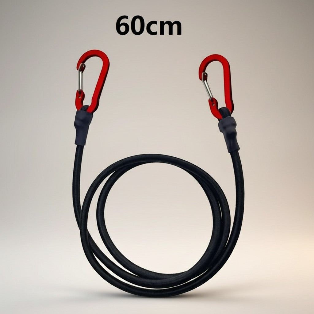 CAMPY 60cm heavy duty black bungee cord with red aluminum carabiner hooks for securing gear.