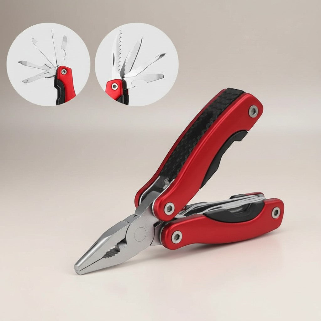 CAMPY 9-in-1 stainless steel multi-tool pliers with red and black handles, ideal for outdoor adventures.