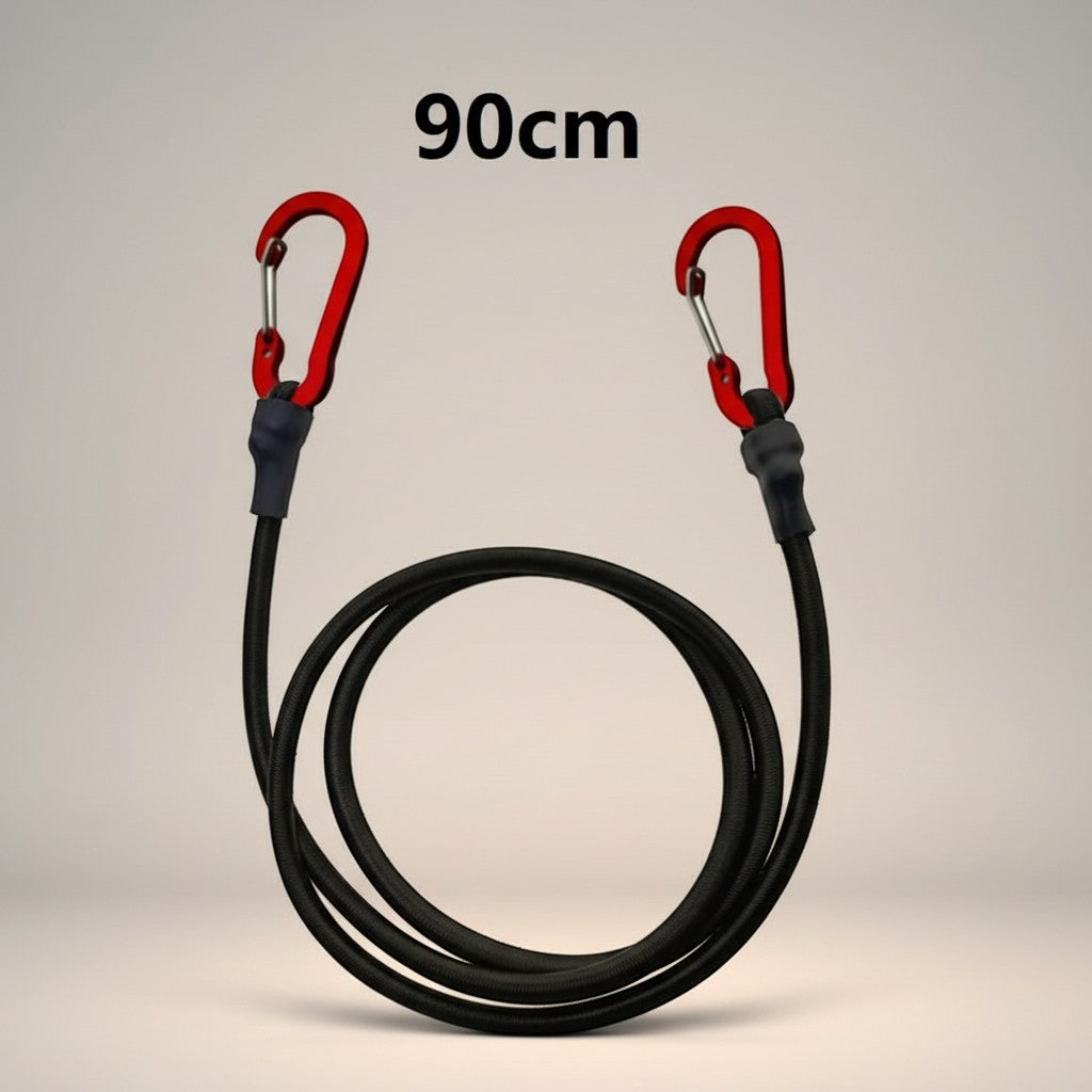 CAMPY 90cm heavy duty black bungee cord with red aluminum alloy carabiner hooks for securing gear.