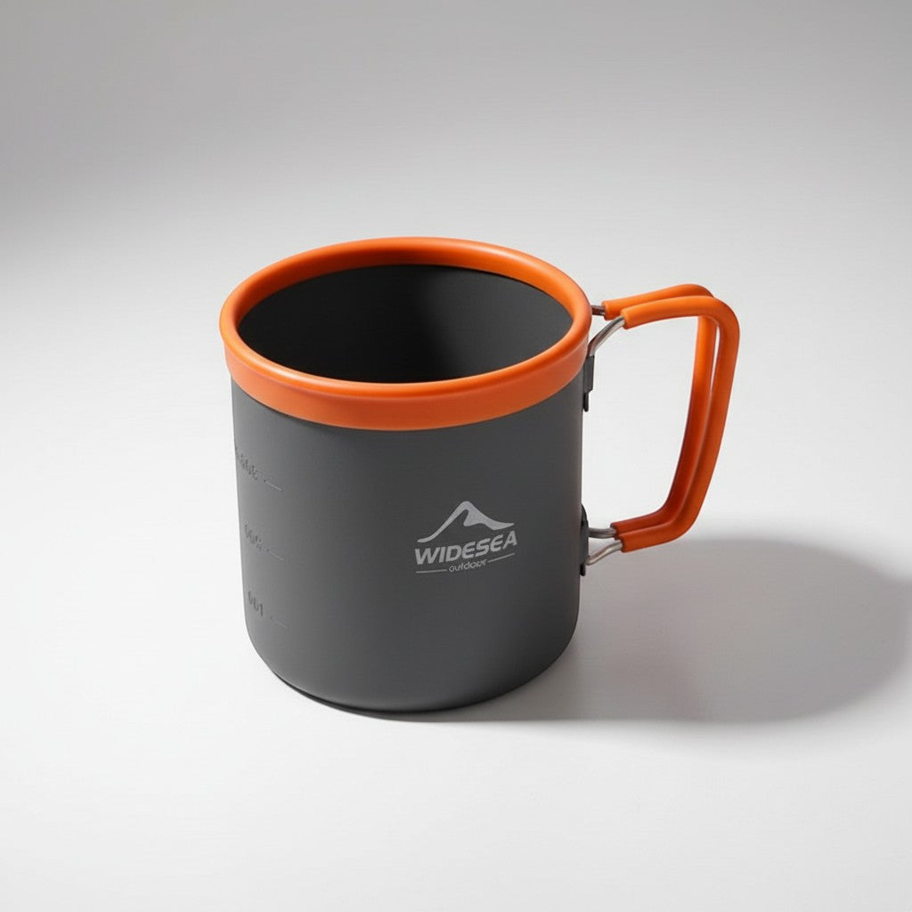 CAMPY grey aluminum camping mug with orange rim and foldable handle, ideal for outdoor adventures.