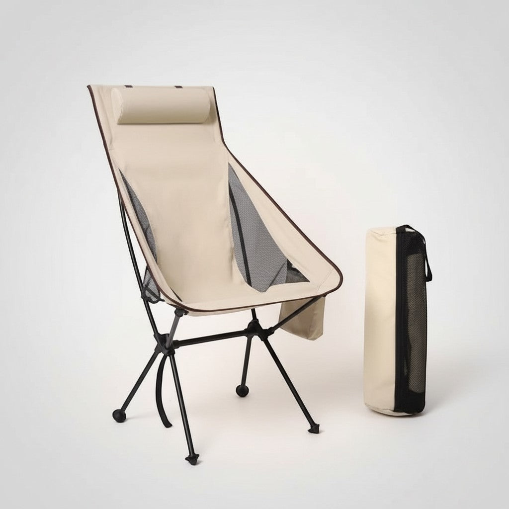 CAMPY portable camping chair in beige ripstop fabric with headrest and side cup holder, includes carry bag.