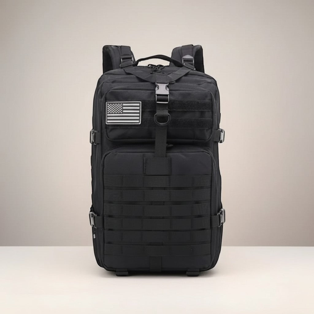 CAMPY black 50L tactical hiking backpack with MOLLE webbing and American flag patch. Water-resistant fabric for outdoor adventures.