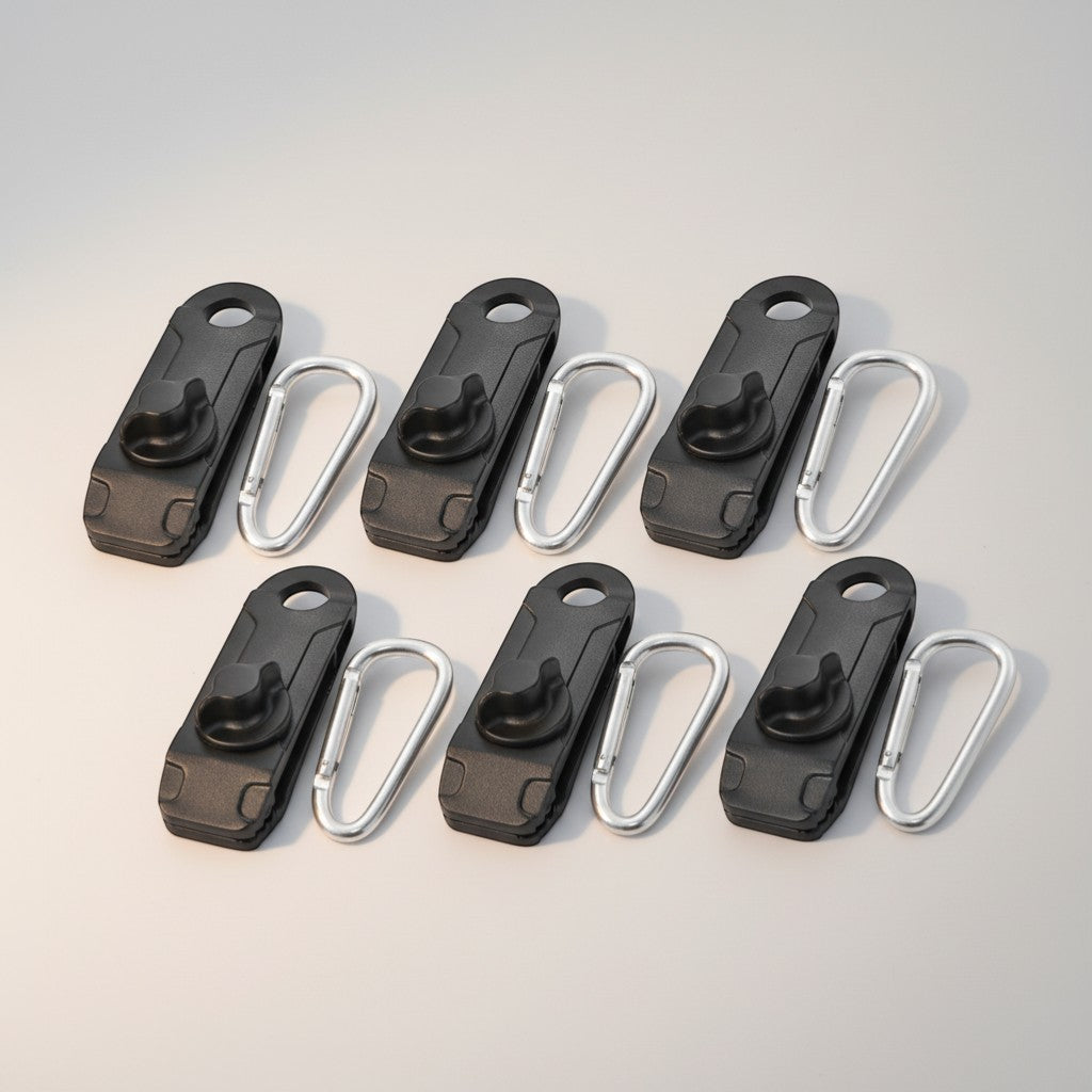 CAMPY black heavy-duty ABS tent tarp clips with spiral tightening system and carabiners for outdoor use.
