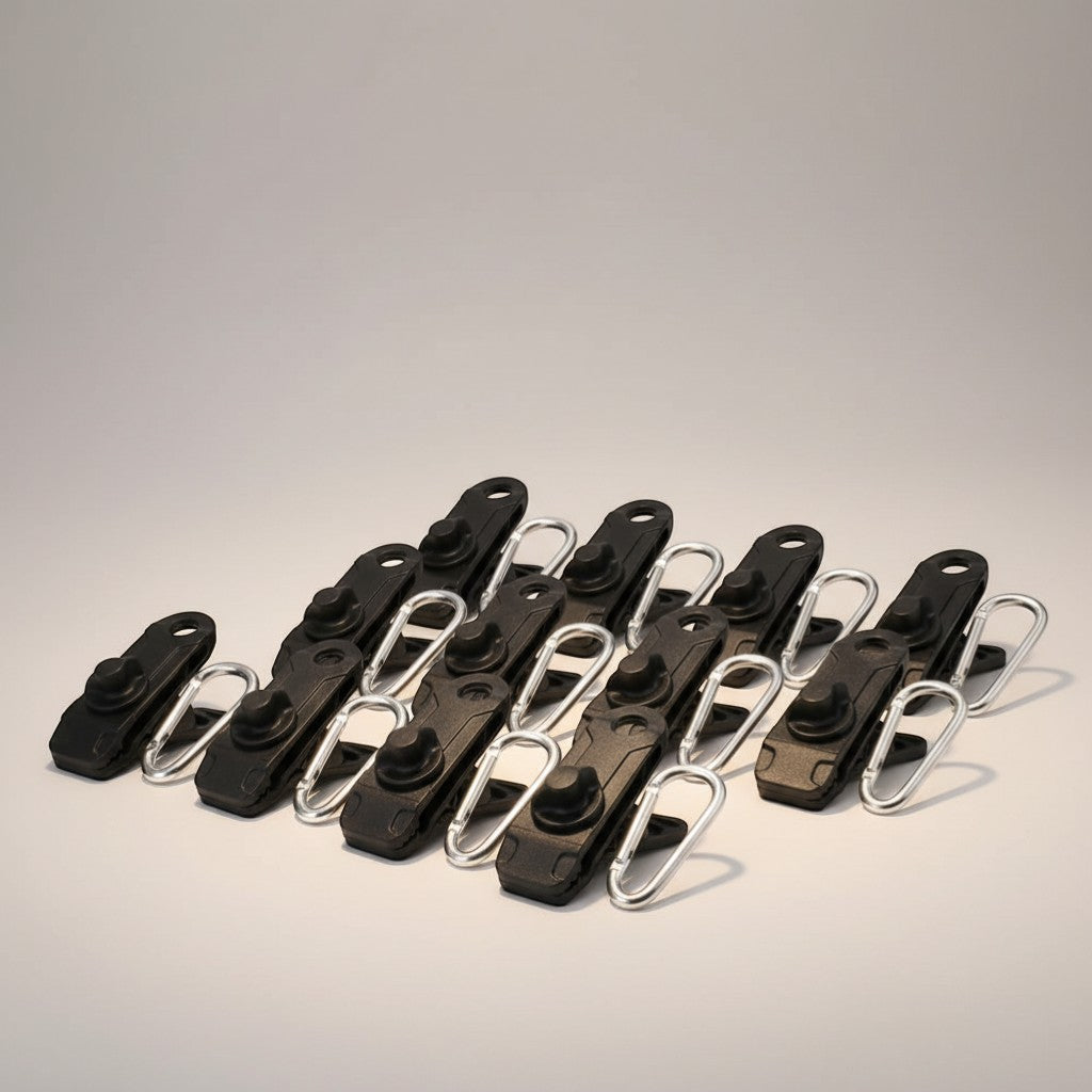 CAMPY black heavy-duty ABS plastic tent tarp clips with locking clamp and spiral tightening system, includes carabiners.