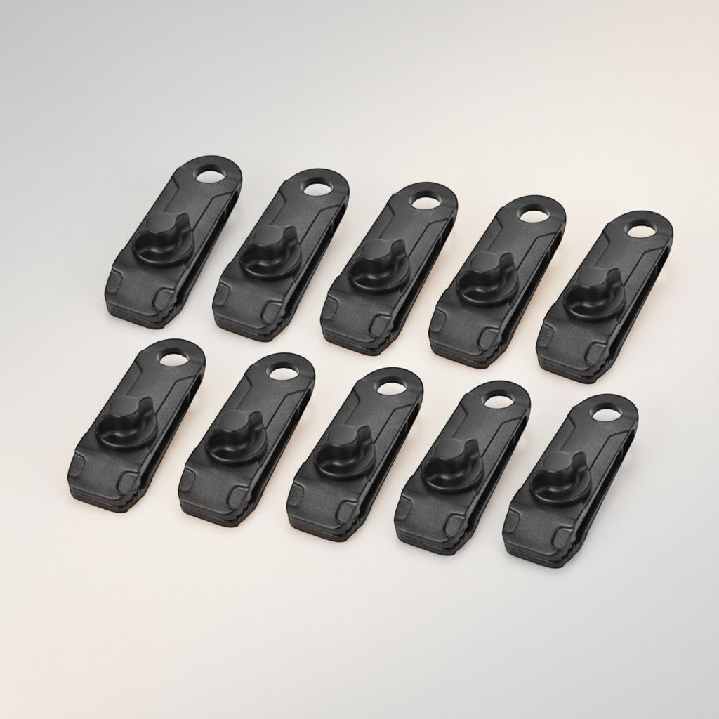 CAMPY black heavy-duty ABS plastic camping tarp clips with locking clamp and spiral tightening system. Set of 10.