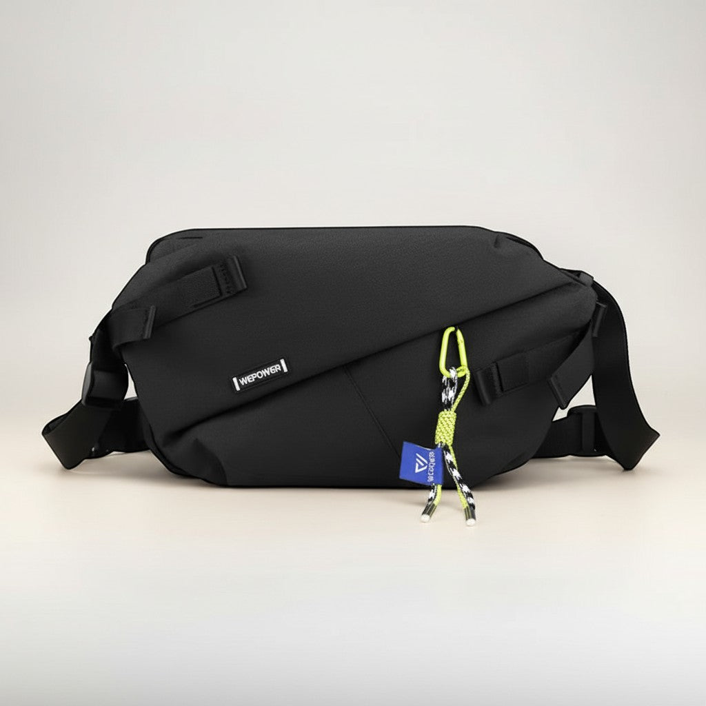 CAMPY black durable nylon waist & crossbody bag with adjustable strap and yellow accent.