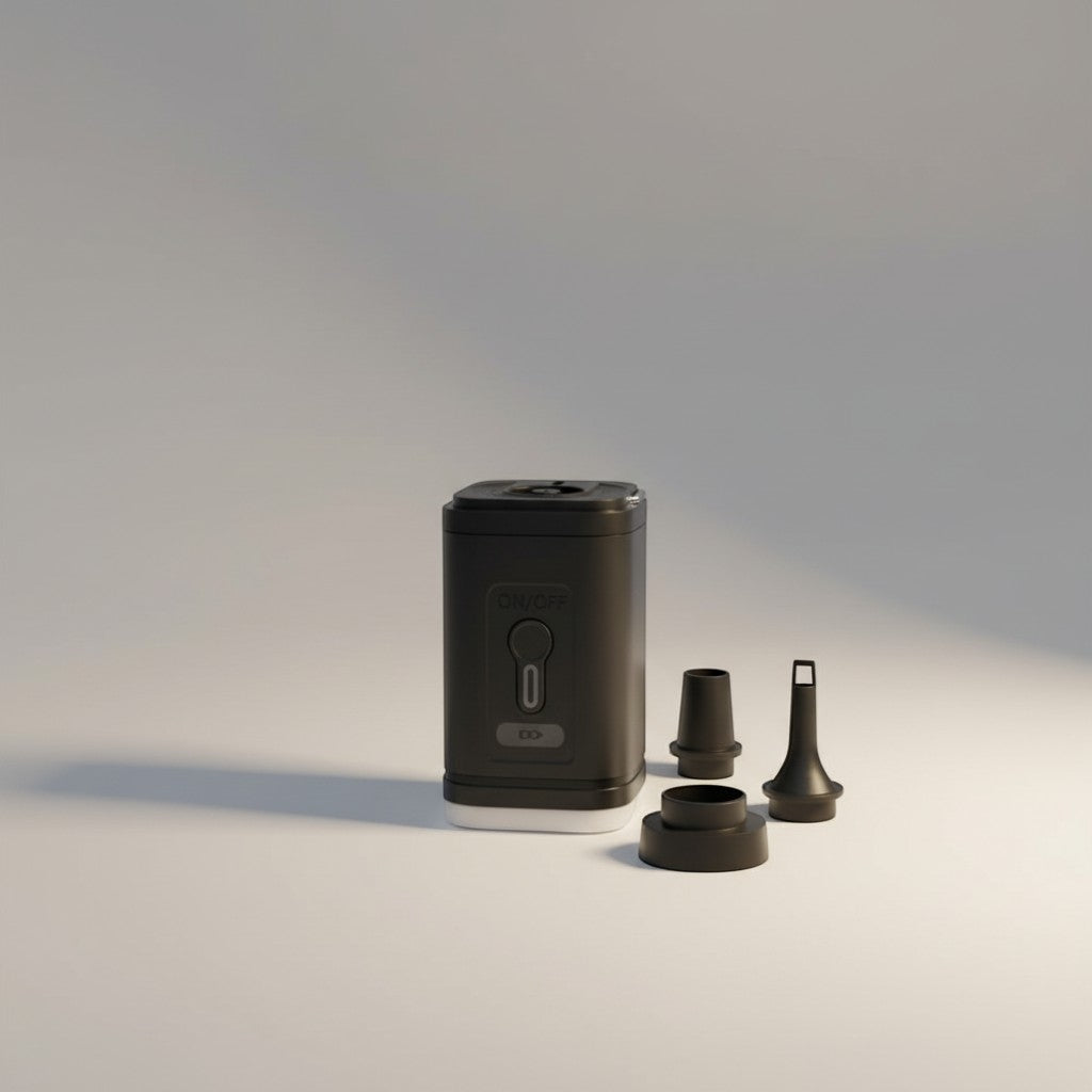 CAMPY black portable USB rechargeable air pump with built-in light and multiple nozzles for inflating and deflating.