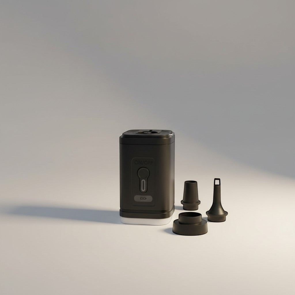 CAMPY black portable USB rechargeable air pump with built-in light and multiple nozzles for inflating and deflating.