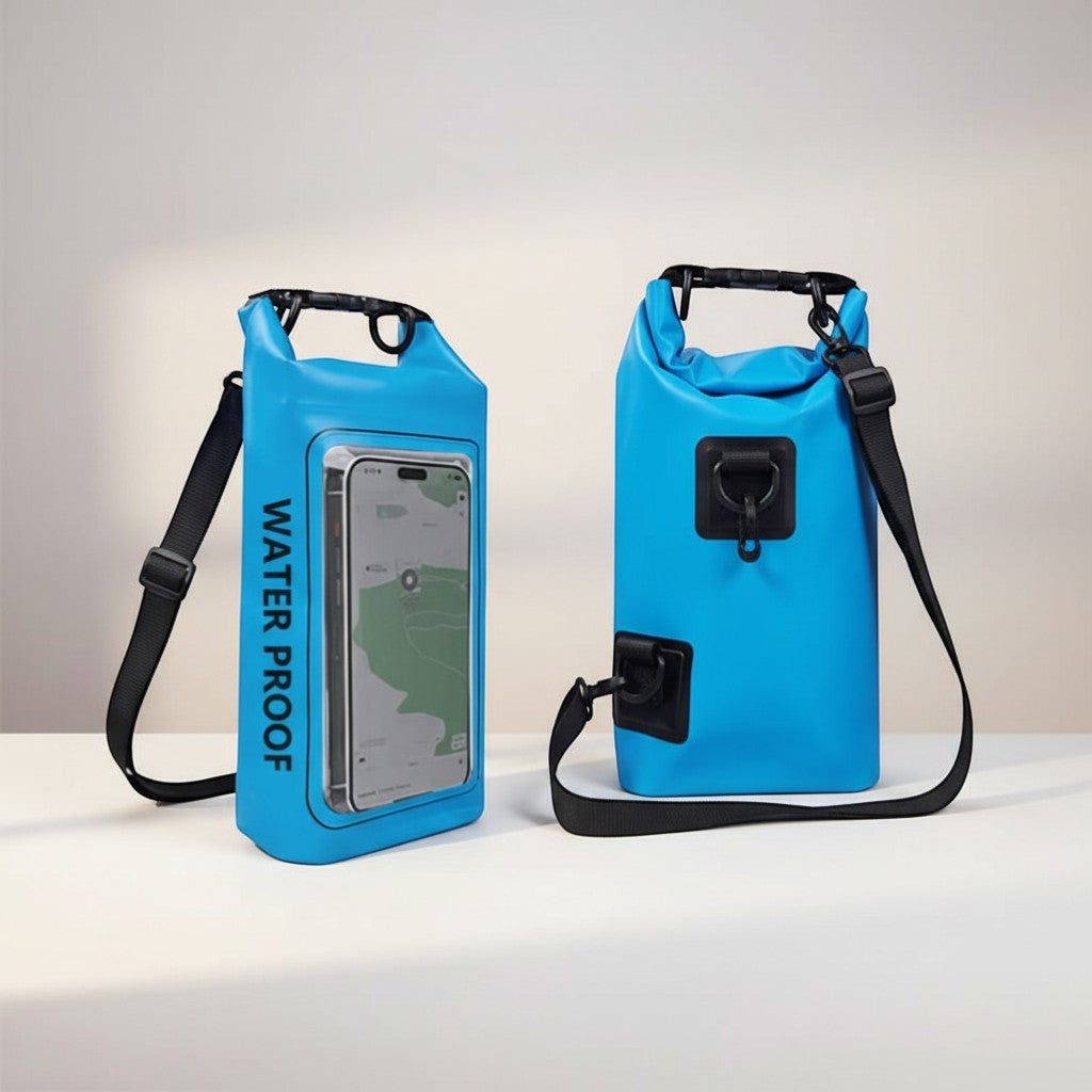 CAMPY blue 2L waterproof dry bag with clear touch screen window for phone, ideal for kayaking, camping, and beach trips.
