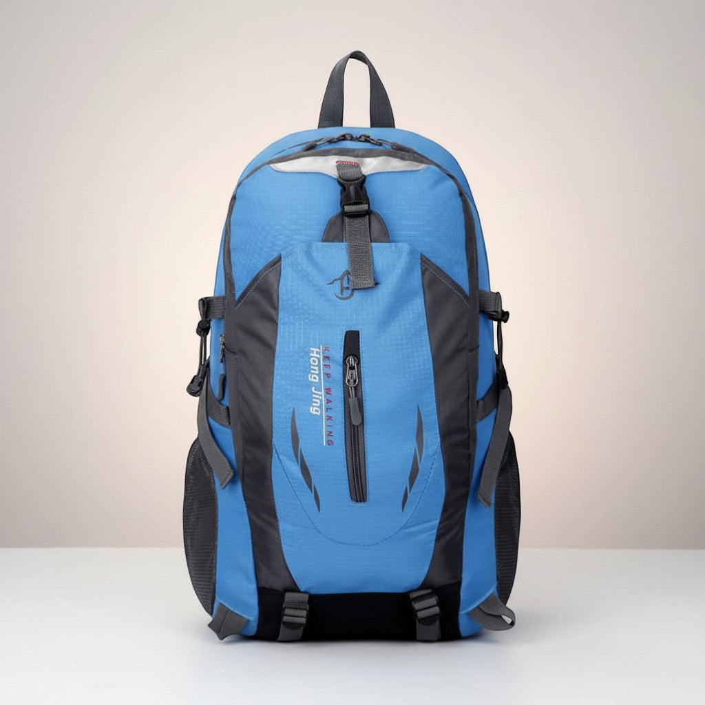 CAMPY blue 40L waterproof nylon hiking backpack with grey accents, mesh pockets, and adjustable straps.