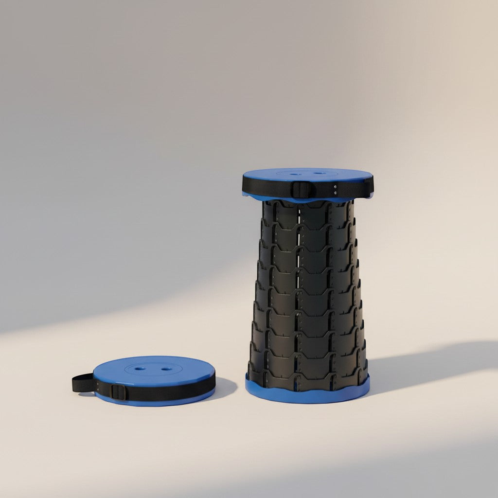 CAMPY blue and black retractable folding camping stool, adjustable height, portable and durable plastic for outdoor adventures.