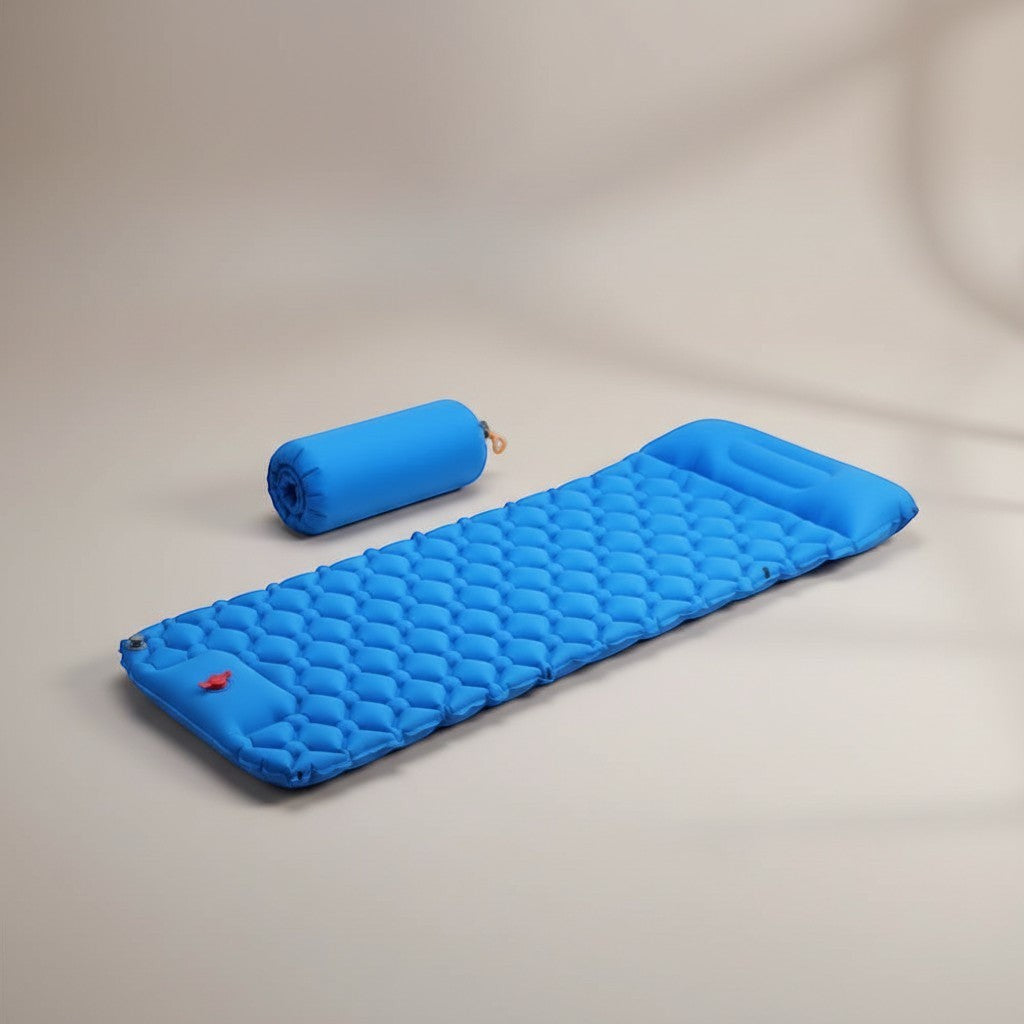 CAMPY blue inflatable camping sleeping pad made of 40D nylon TPU fabric with built-in pump and connectable design.