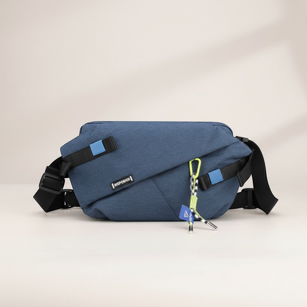 CAMPY blue durable nylon waist & crossbody bag for travel, hiking, and outdoor activities.