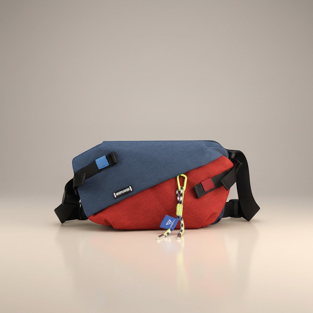 CAMPY blue and red durable nylon waist & crossbody bag with adjustable straps and a rope detail.