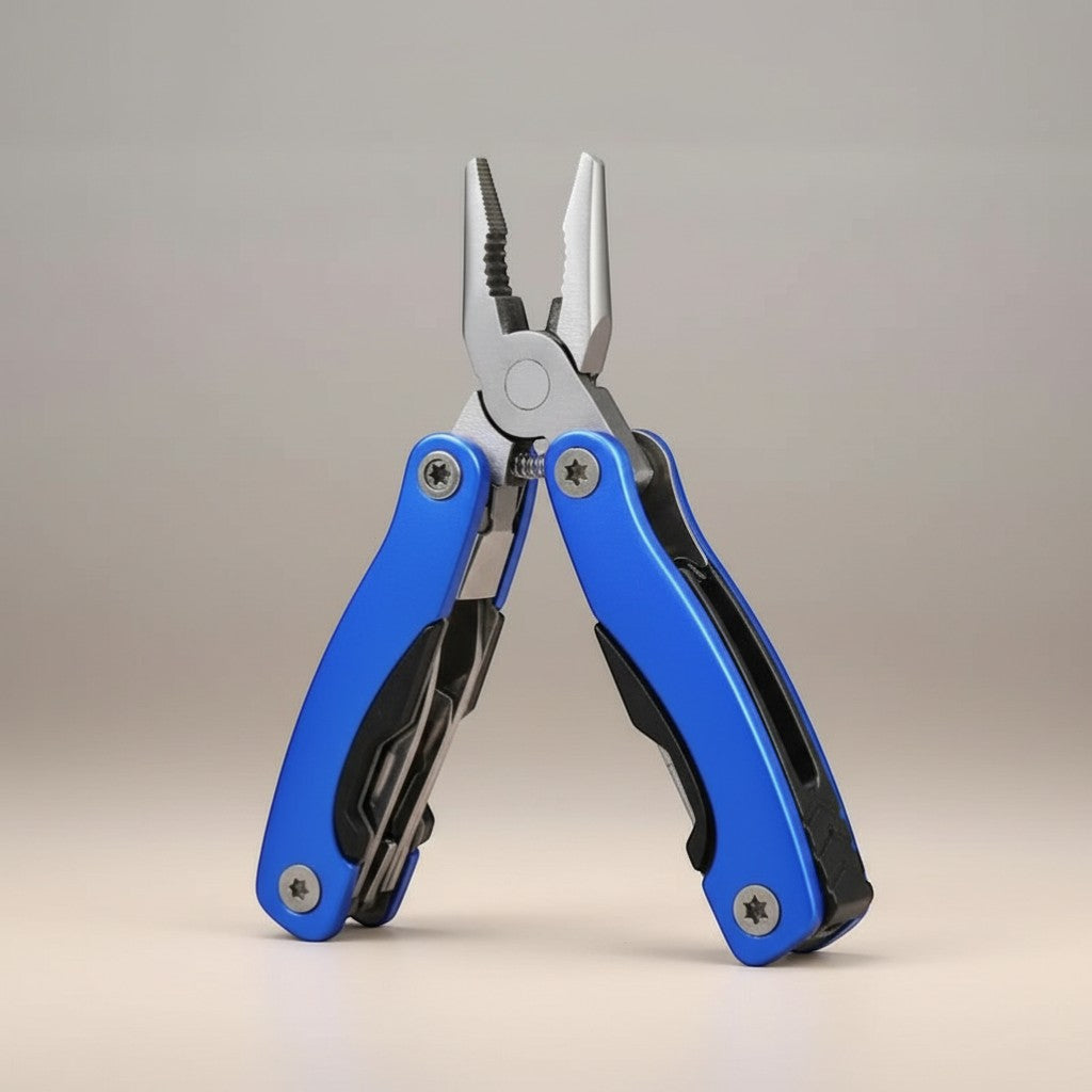 CAMPY blue stainless steel 9-in-1 multi-tool pliers with folding design for outdoor use.