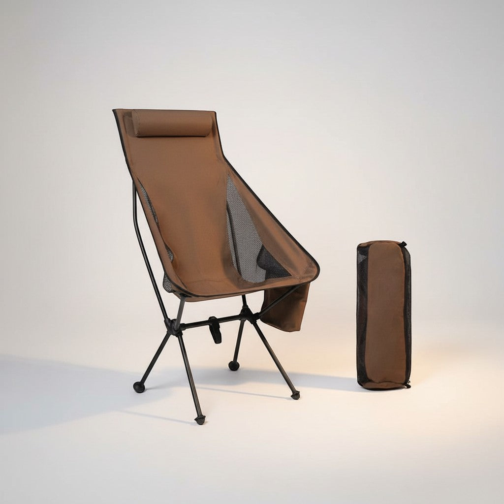 CAMPY brown portable camping chair with headrest, aluminum frame, and ripstop fabric. Includes carrying bag.