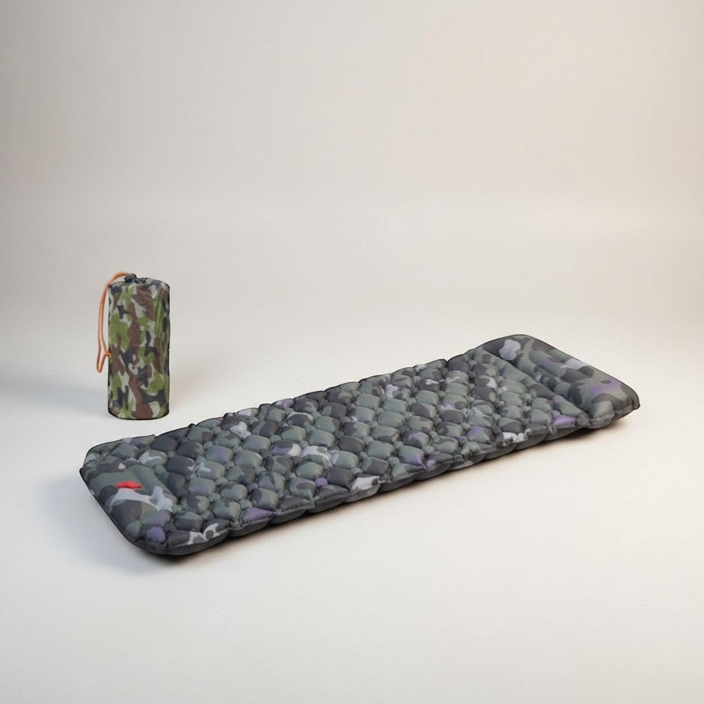 CAMPY inflatable sleeping pad in camouflage pattern, lightweight, with built-in pump for camping and hiking.