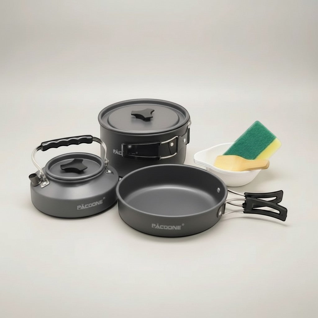 CAMPY portable camping cookware set with pot, pan, and kettle made of white aluminum alloy. Includes sponge.