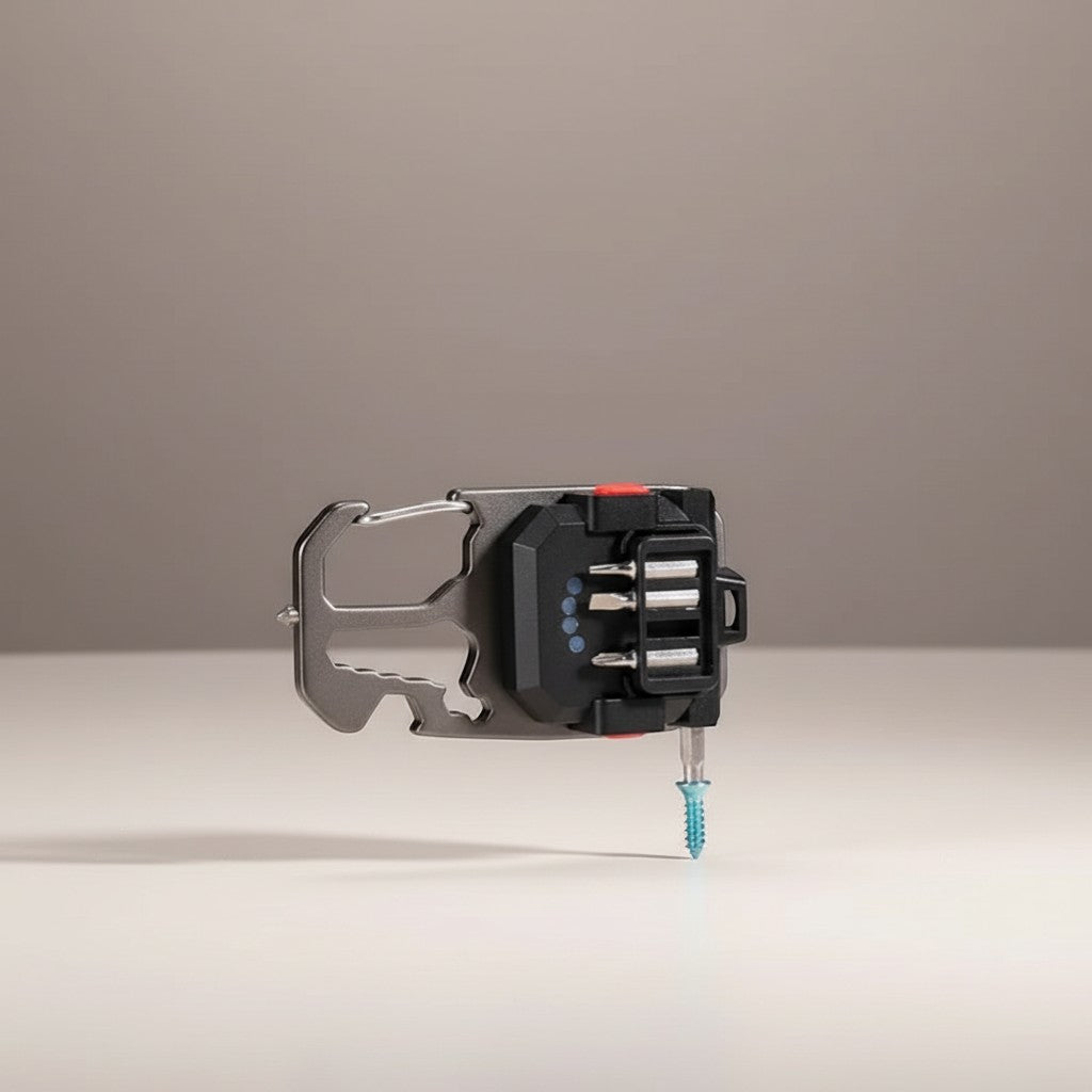 CAMPY trail-ready COB keychain light with multi-tool functions, driving a screw.