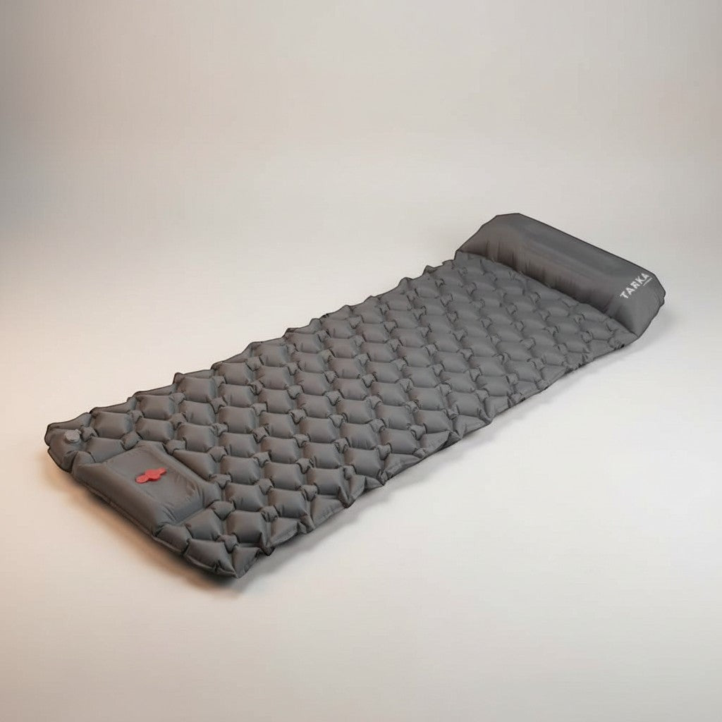 CAMPY dark gray inflatable camping sleeping pad with built-in pump, 40D nylon TPU fabric, lightweight and connectable design.