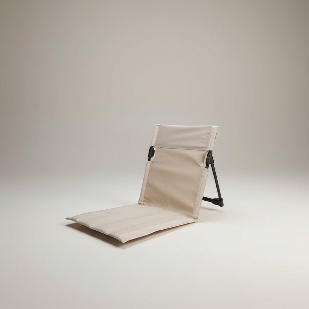 CAMPY lightweight beige foldable camping chair with aluminum frame and backrest, made of durable Oxford fabric.