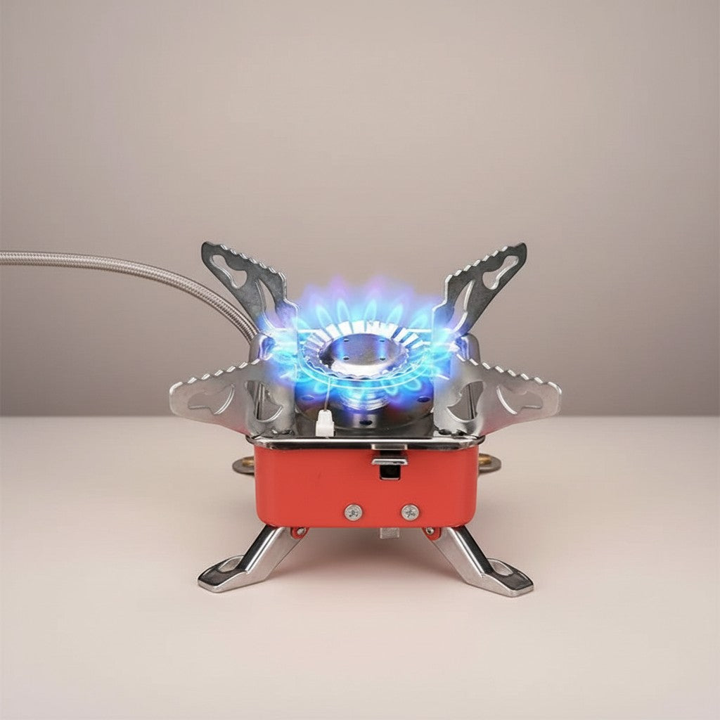 CAMPY foldable camping gas stove with windproof design, made of aluminum alloy and stainless steel, with a red base and blue flame.
