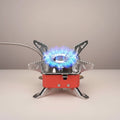 CAMPY foldable camping gas stove with windproof design, made of aluminum alloy and stainless steel, with a red base and blue flame.