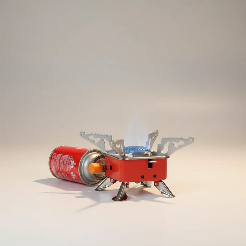 CAMPY red foldable camping gas stove made of aluminum alloy and stainless steel with windproof design.
