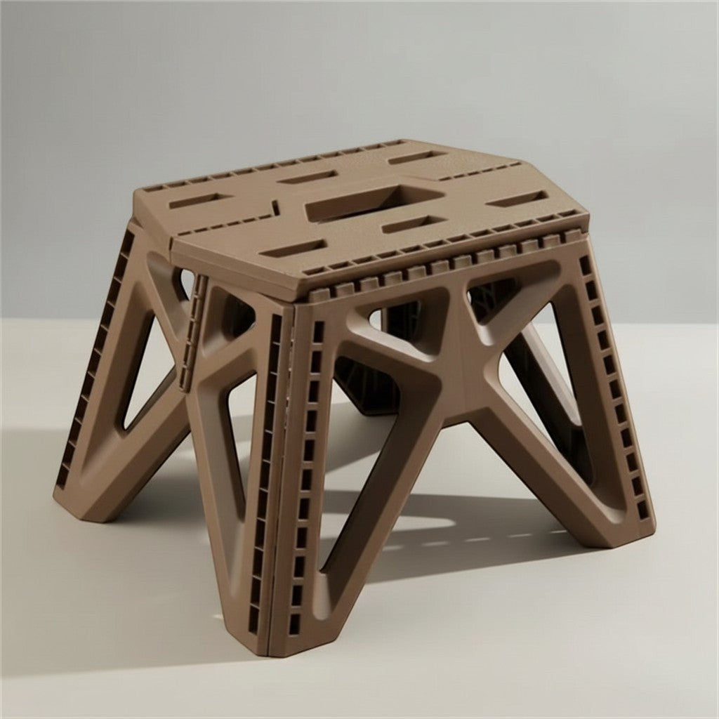 CAMPY brown heavy-duty folding plastic camping stool, portable and durable for outdoor use.