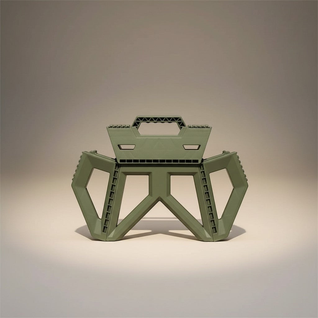 CAMPY heavy-duty folding camping stool in dark green plastic, compact and portable design with handle.