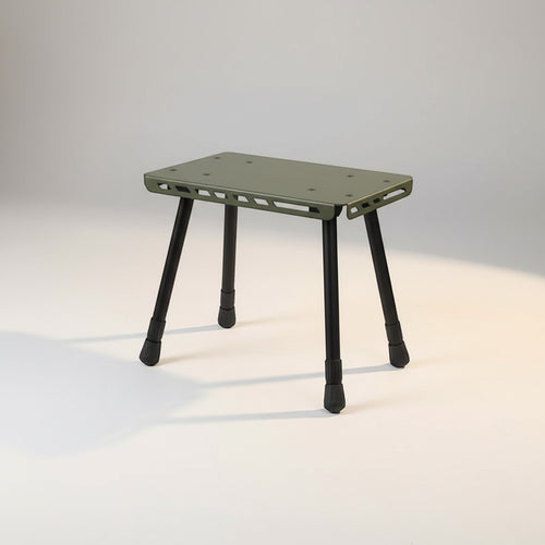 CAMPY 2-in-1 folding camping stool and table, army green aluminum alloy with black adjustable legs.